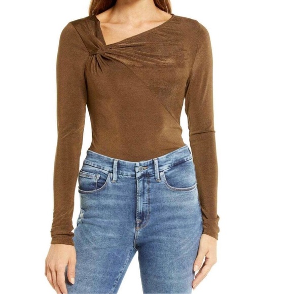 Good American Tops - Good American Shimmer Asymmetric Neck Long Sleeve Top